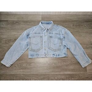 Vintage Style Studded Light Wash Cropped Denim Jacket Retro 90s Style Blue S/M